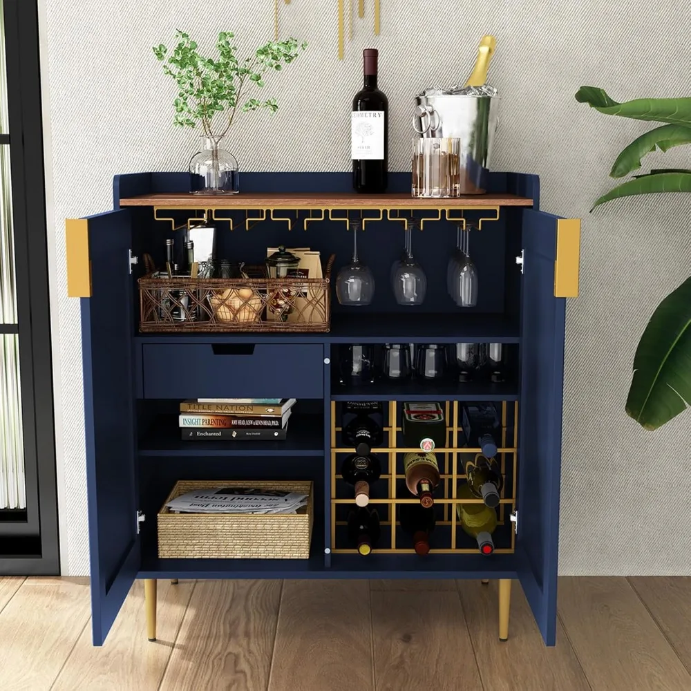 Sideboard Buffet Cabinet with Fluted Texture, Modern Coffee Bar Cabinet with Wine Rack&Drawers, Blue Liquor Cabinet for Kitchen