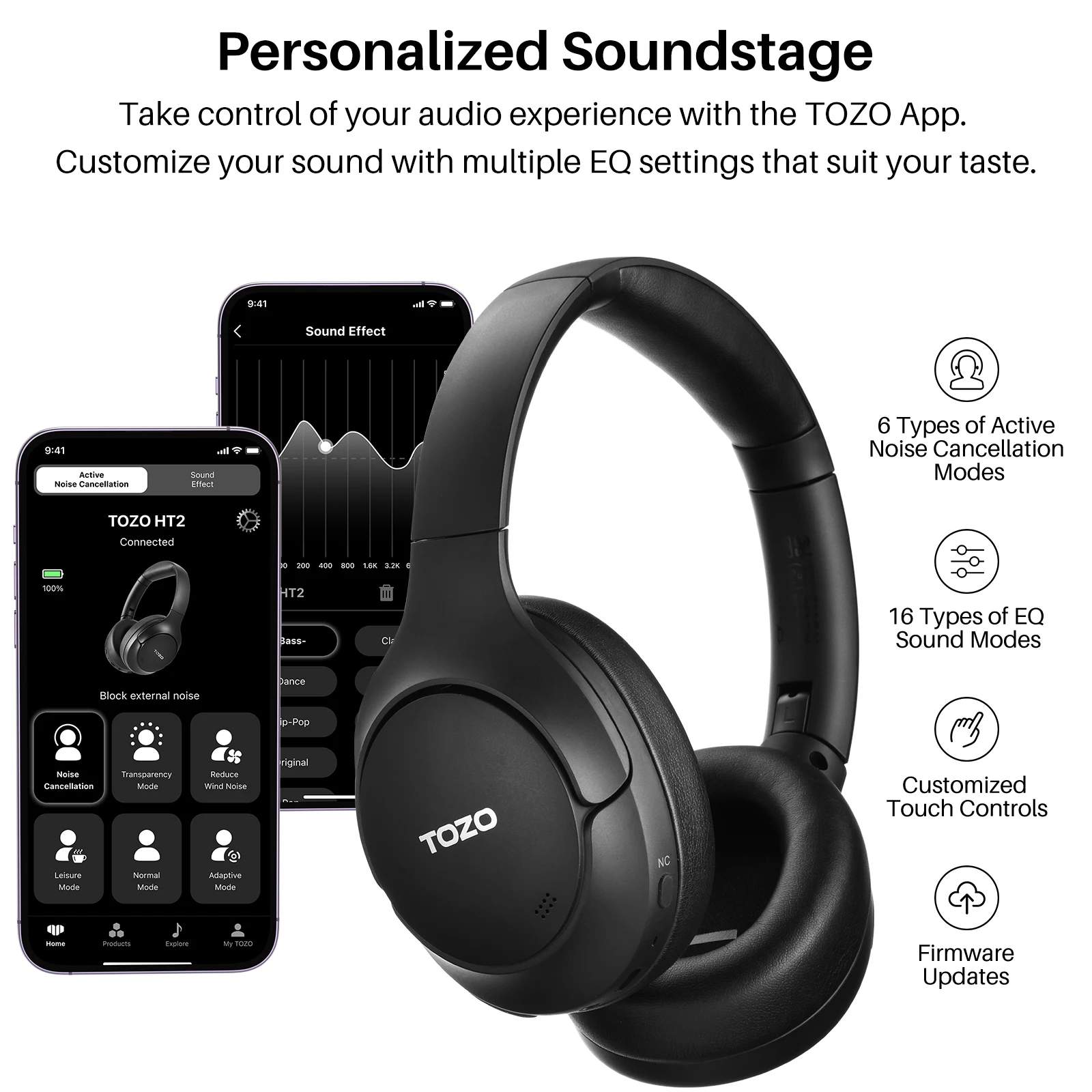TOZO HT2 Hybrid Active Noise Cancelling wireless bluetooth Headphones with Multiple Mode Hi Res Audio Deep Bass Foldable .60H AliExpress