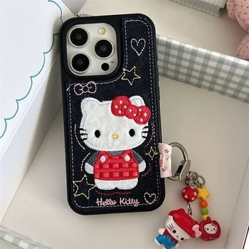 Luxury Denim Leather Pattern Cartoon Hello Kitty Case For iPhone 15 14 13 12 Pro Max 16 Plus 17 Air Love Heart Stars Style Cover 1