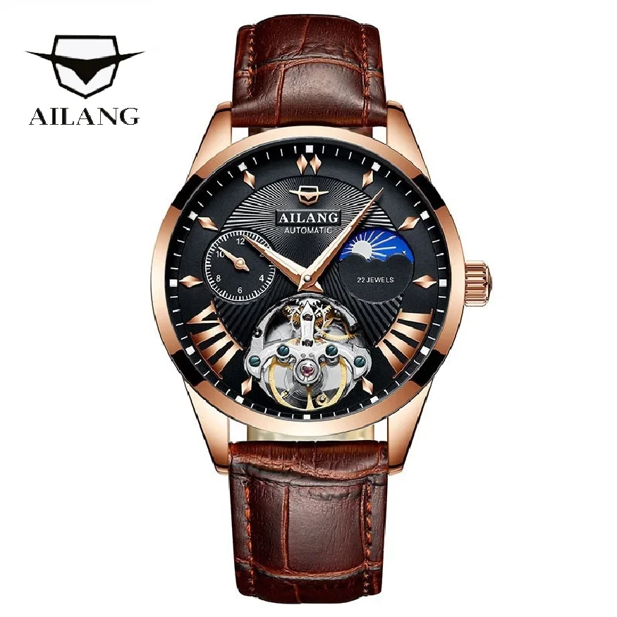 

AILANG 2023 New Brown Vintage Leather Men Automatic Mechanical Watches Business Mens Luxury Gold Case Waterproof Luminous 8607A