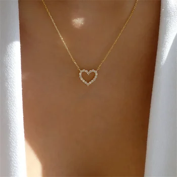 Kpop Crystal Hollow Love Pendant Necklace Romantic Zircon Simple Necklace For Women Trendy Jewelry Accessories 1