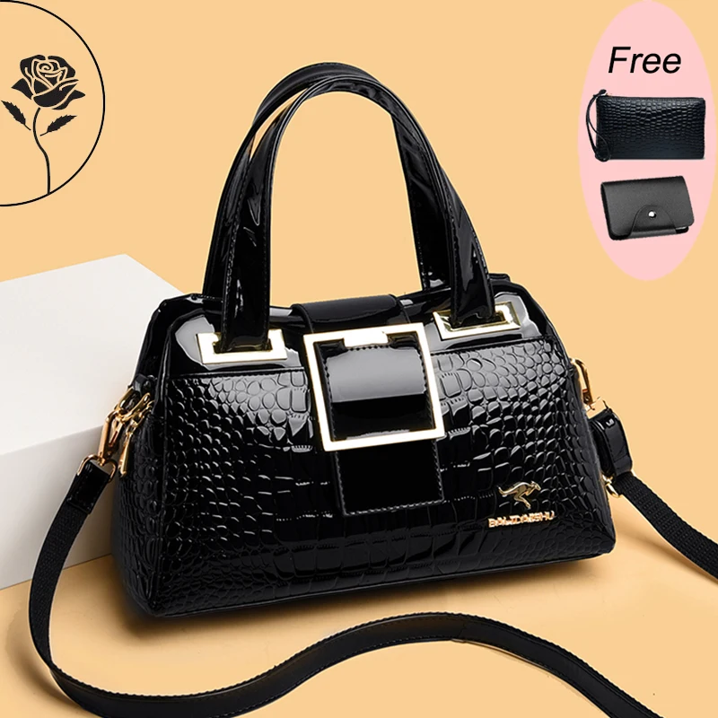 

2024 Women Patent Leather Shoulder Bags Luxury Designer Large Capacity Crocodile Stripe Crossbody Bag High Quality Messenger Bag