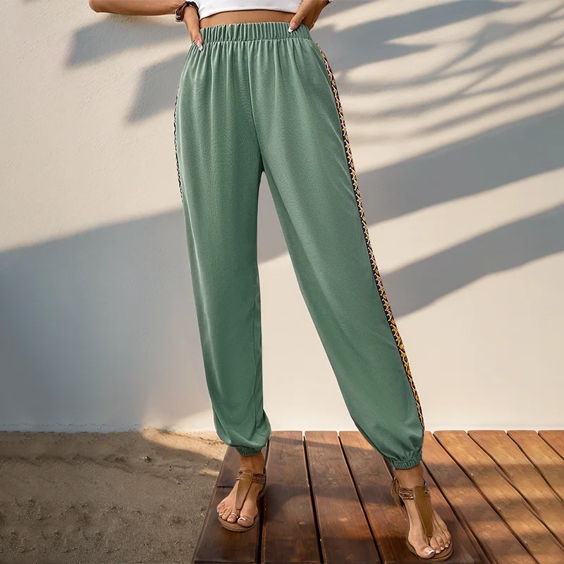 

2024 New Splicing Webbing Ankle-Length Pants Women Casual High Waist Streetwear Trousers Chic Summer Female Green Pencil Pants