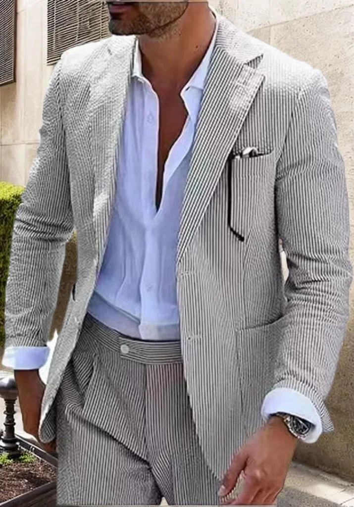 Stylish Seersucker Men's Suit Set 2 Piece Jacket and Pant Notched Lapel Summer Beach Tuxedo Evening Party Wedding Elegant Suit