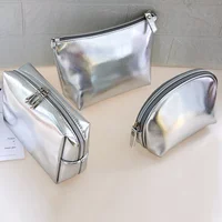 New Fashion Silver Soft Leather Clutch Cosmetic Bag Travel Portable Bathroom Organizer Storage Makeup Bag Toilet Bag Pouch 2