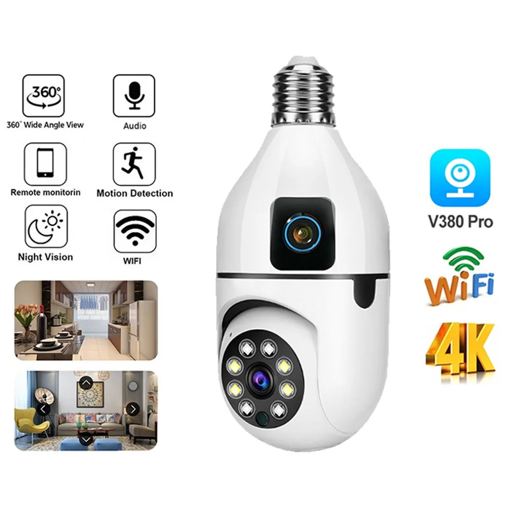 

Camera CCTV V380 Pro WiFi Wireless Mini Smart Home Security Camera 1080P 4K 360 Degree Security Infrared Night Vision Flash E27