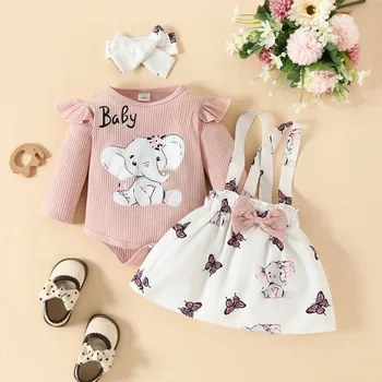 3 6 12 24 Months Infant Baby Girls Clothes Sets Cartoon Elephant Long Sleeve Rib Romper +Suspender Skirts+Headband 3Pcs Outfits 1