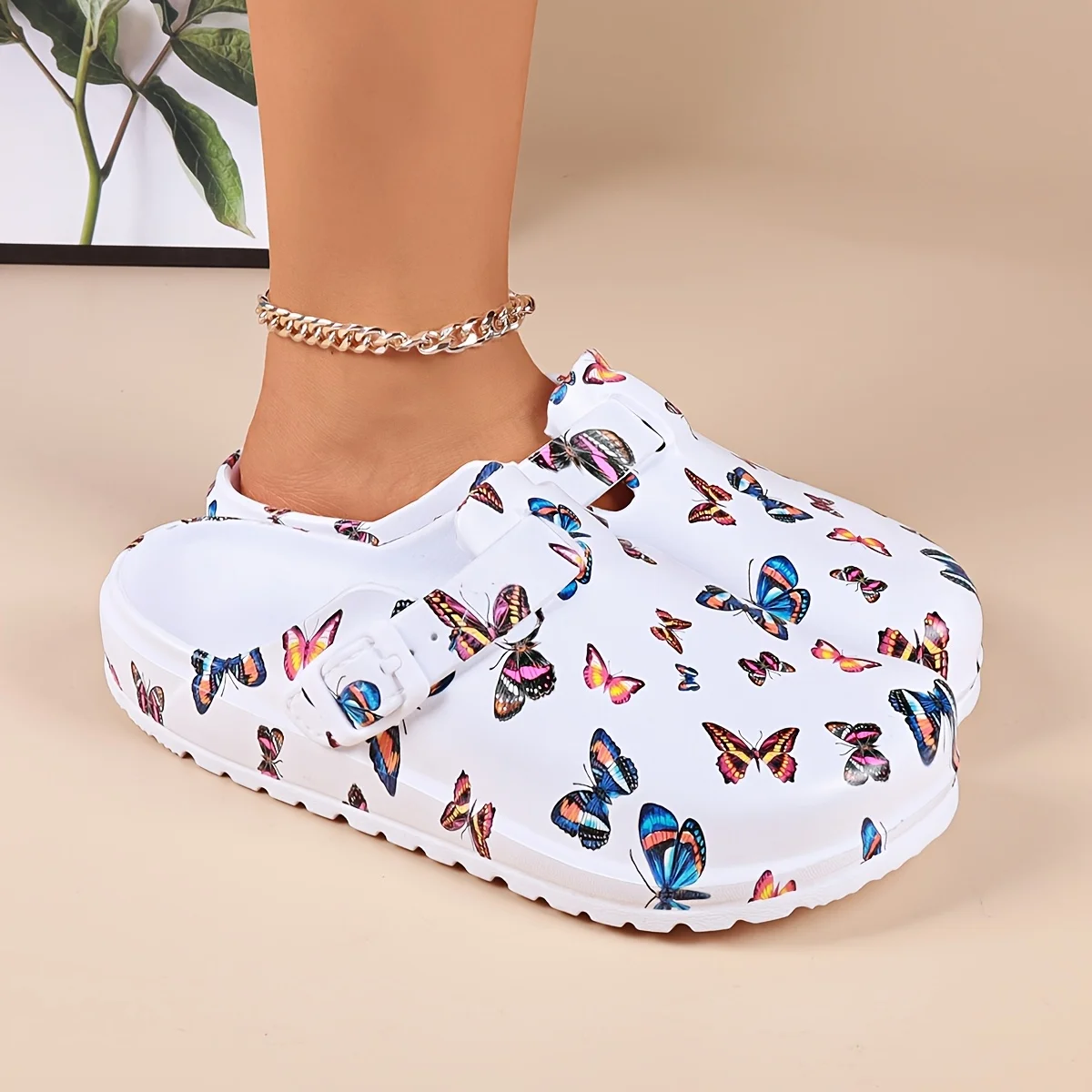 Fashion EVA Women's Clogs Butterfly Print Indoor Slippers Lightweight Flat Soft Sole Adjustable Buckle Beach Garden Shoes — view 2