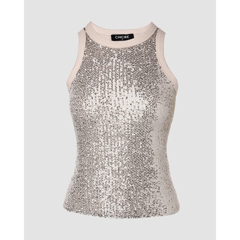 Women's U-Neck Allover Sequin O-neck Sleeveless Tank Tops Slim Fitted Shirt