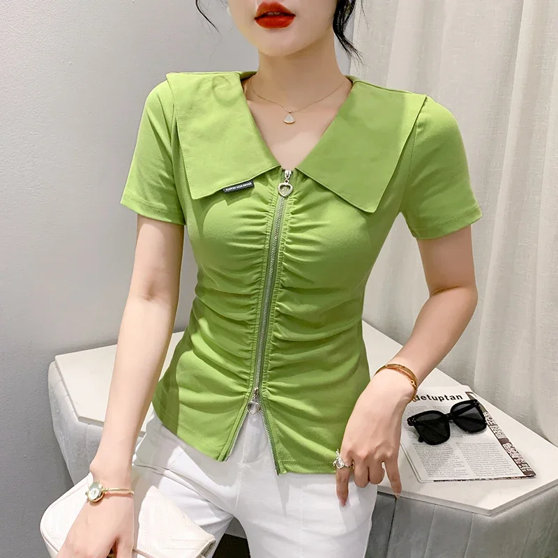 

2024 New Summer European Style Cotton T-Shirt Chic Sexy Draped Peter Pan Collar Zipper Women Tops Short Sleeve Solid Tees J79