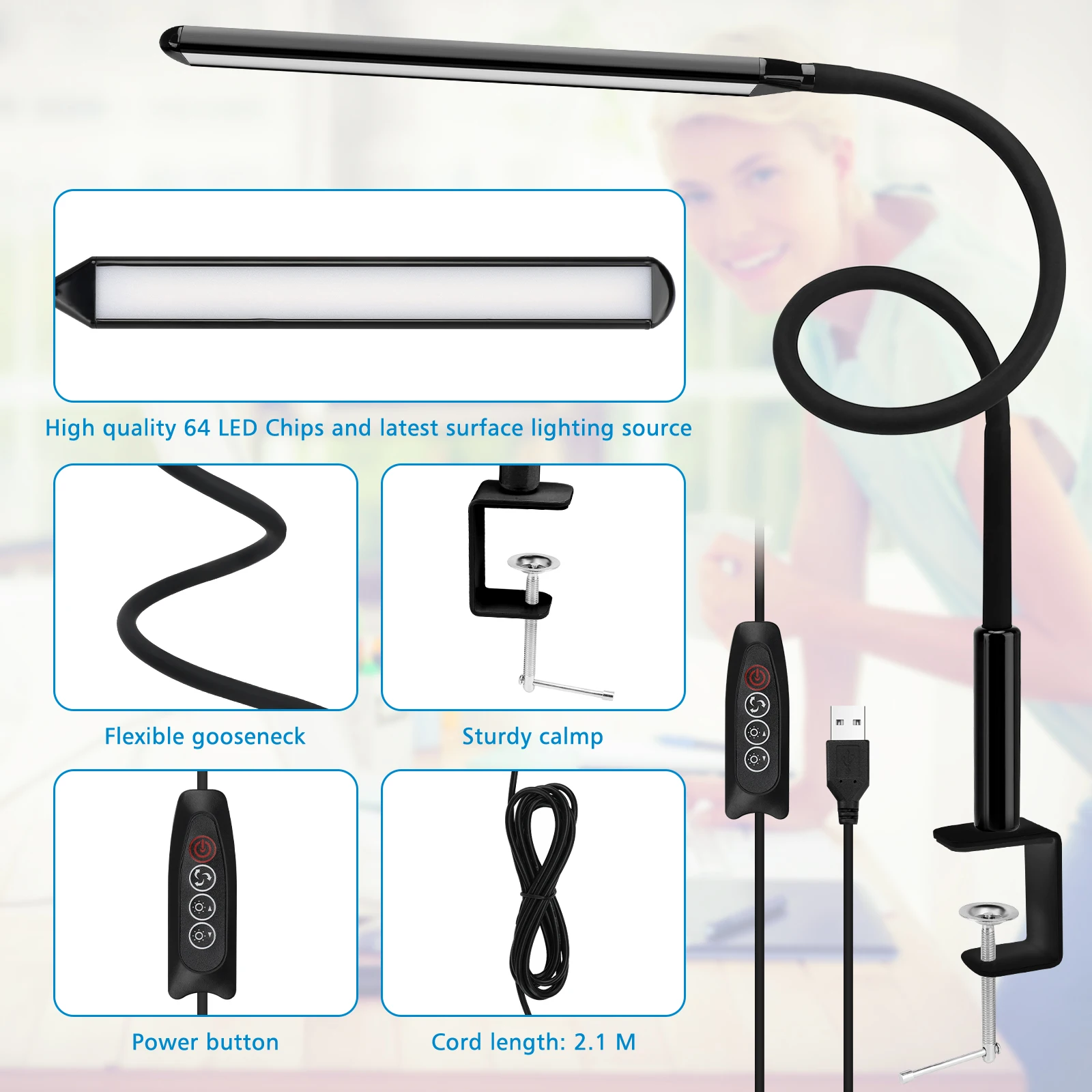 Adjustable LED Clip-On Desk Light with 10 Brightness Levels and 3 Lighting Modes