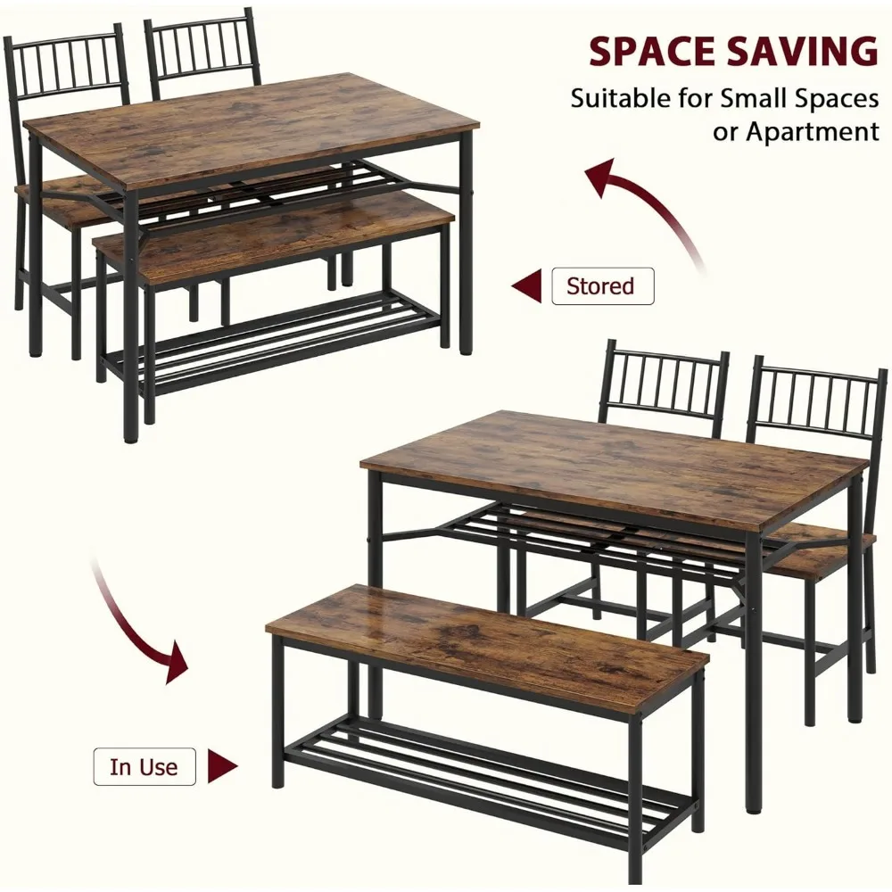 Dining Tables Set for 4 Kitchen Tables and Chairs with Storage Bench Kitchen Table Set with Wine Rack Dining Room Table Brown