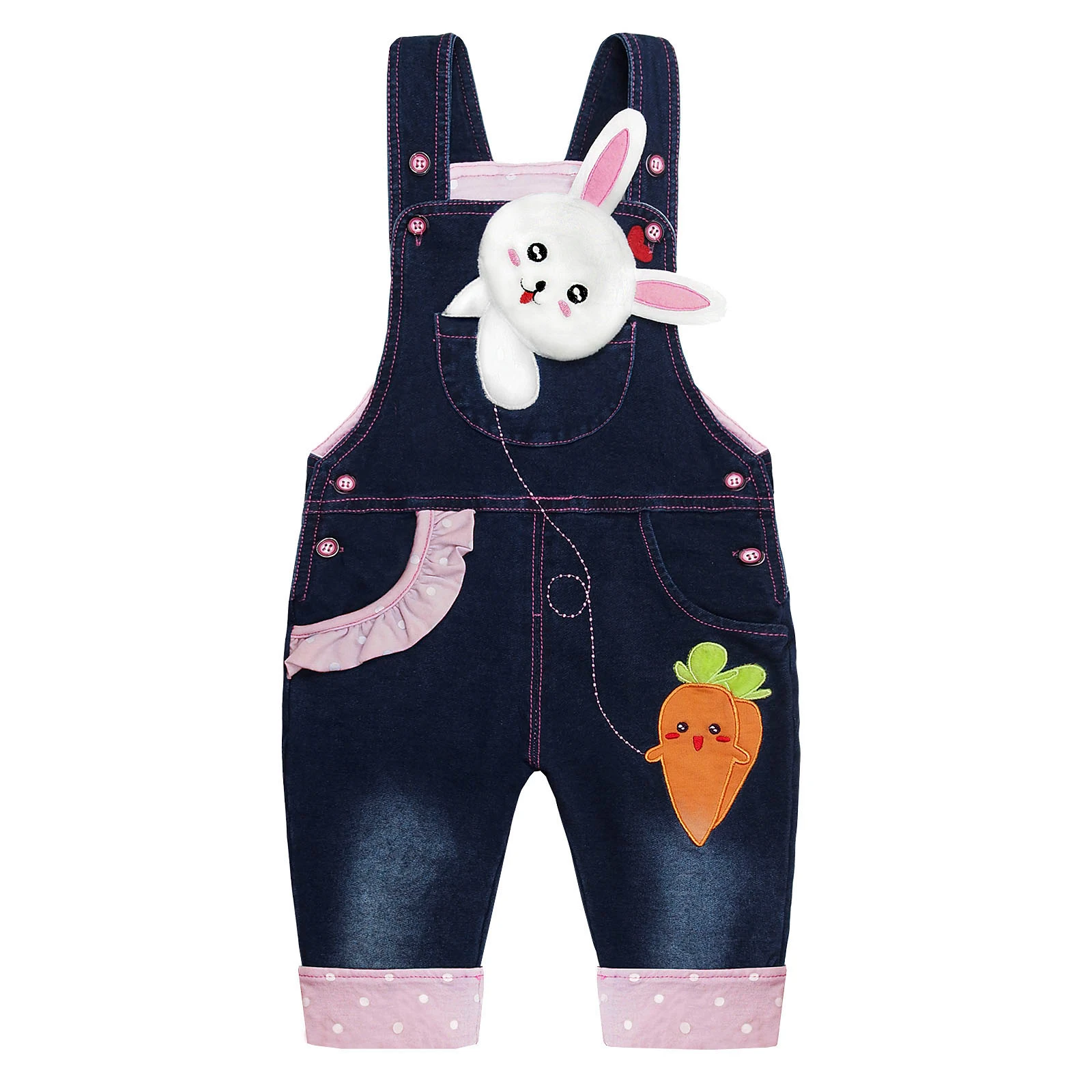 

KIDSCOOL SPACE Baby Girl Overalls,Cute Toddler 3D Cartoon Bunny Decor Denim Jumpsuit