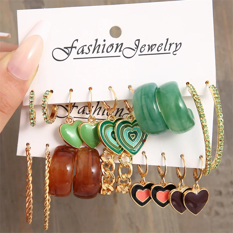 Colorful Butterfly Earring Set For Women Green Resin Checkerboard Heart Circle Dropping Oil Earring Set Metal Party Jewelry