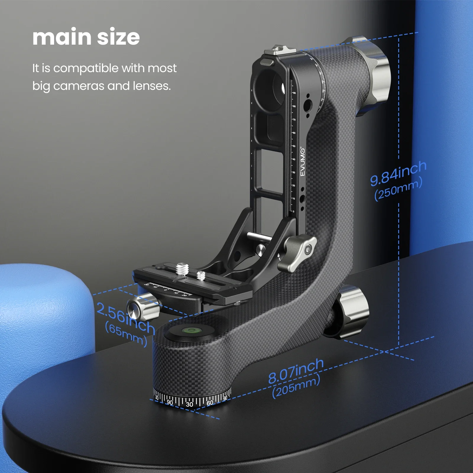 EVUMO P8 Professional Gimbal Head Video Tripod Monopod Head Max Load 15kg 720&deg; Panoramic Rotation for Heavy Long Lens QR Plate