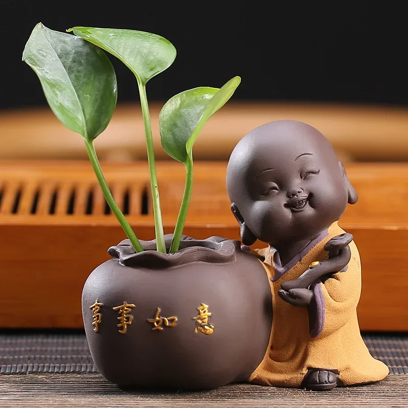 Fortune Lucky Little Monk Purple Clay Tea Pet & Mini Vase 4