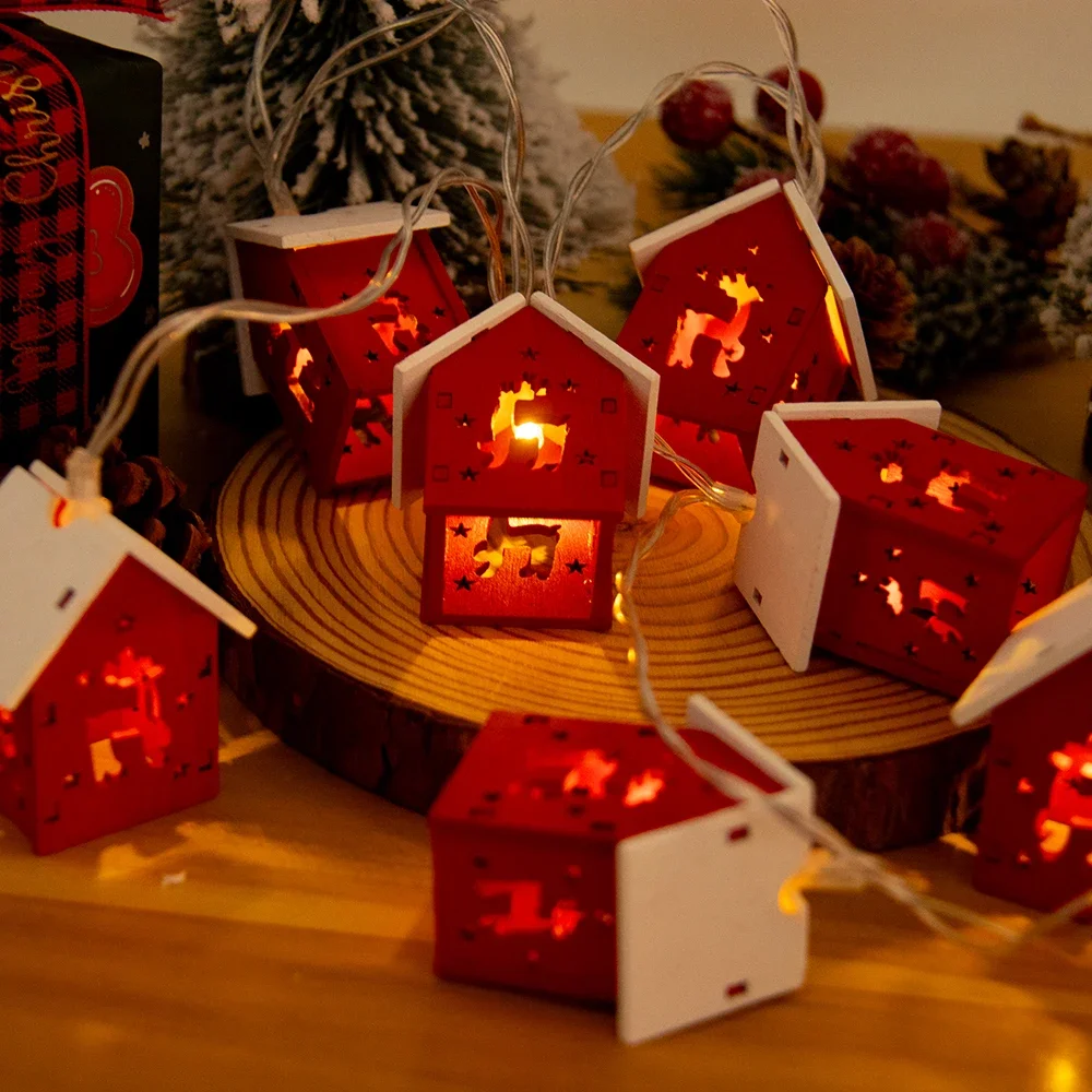 Christmas Wooden House LED String Light Xmas Tree Garland Home Fairy Lamp Merry Christmas Hanging Ornament 2025New Year Gift Noe