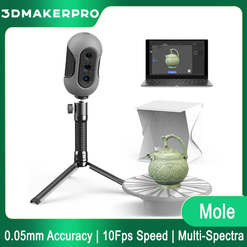 

3DMakerpro Mole 3D Scanner for 3D Printing 0.05mm Accuracy 10FPS Speed Handheld & Turntable Scan NIR Light & Visual Tracking
