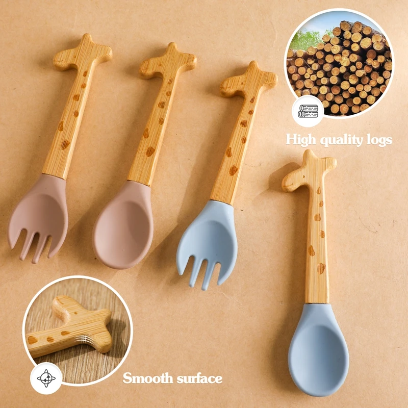 2PCS Baby Bamboo Fork Silicone Wooden Baby Feeding Spoon Toddlers Infant Feeding Accessories Organic BPA Free Food Grade Gift 2