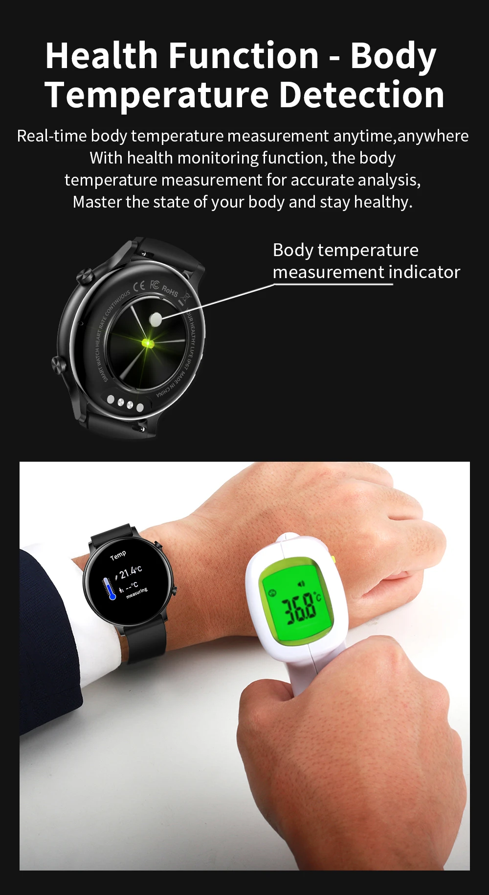 Smart Watch Men 1.32inch HD Screen Bluetooth Call Temperature Sport Fitness Tracket IP67 Waterproof SmartWatch for Huawei Xiaomi