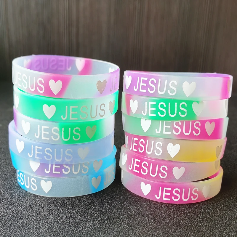 

20PCS Bulk Jesus Love U Silicone Band Mixed Color Sparkle Christian Bracelets for Men Women Religious Vintage Jewelry God Gifts
