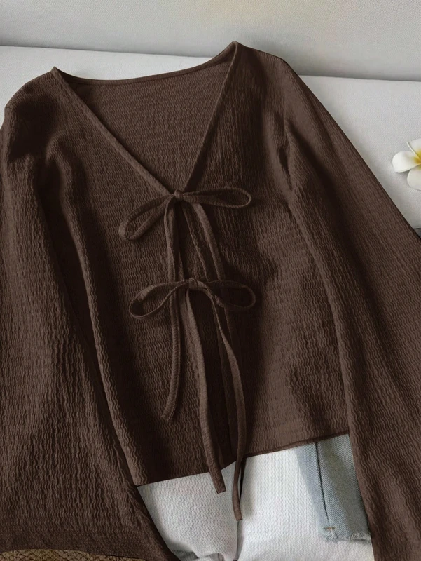 Women' Solid Color Tie Front Semi-Fitted