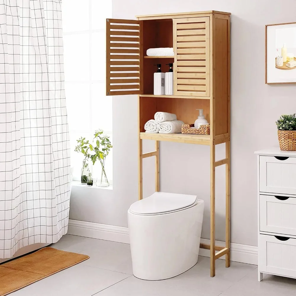 Bamboo Over The Toilet Storage Cabinet, Bathroom Space Saver, Over The Toilet Rack with Adjustable Shelf
