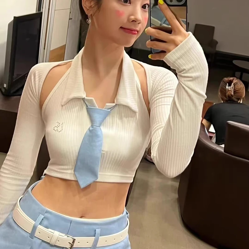 

Kpop Korean Singer Hot Girls Women Tops Jazz Dance Clothes Y2k Outfits White Long Sleeve Sexy Festival Costume With Necktie