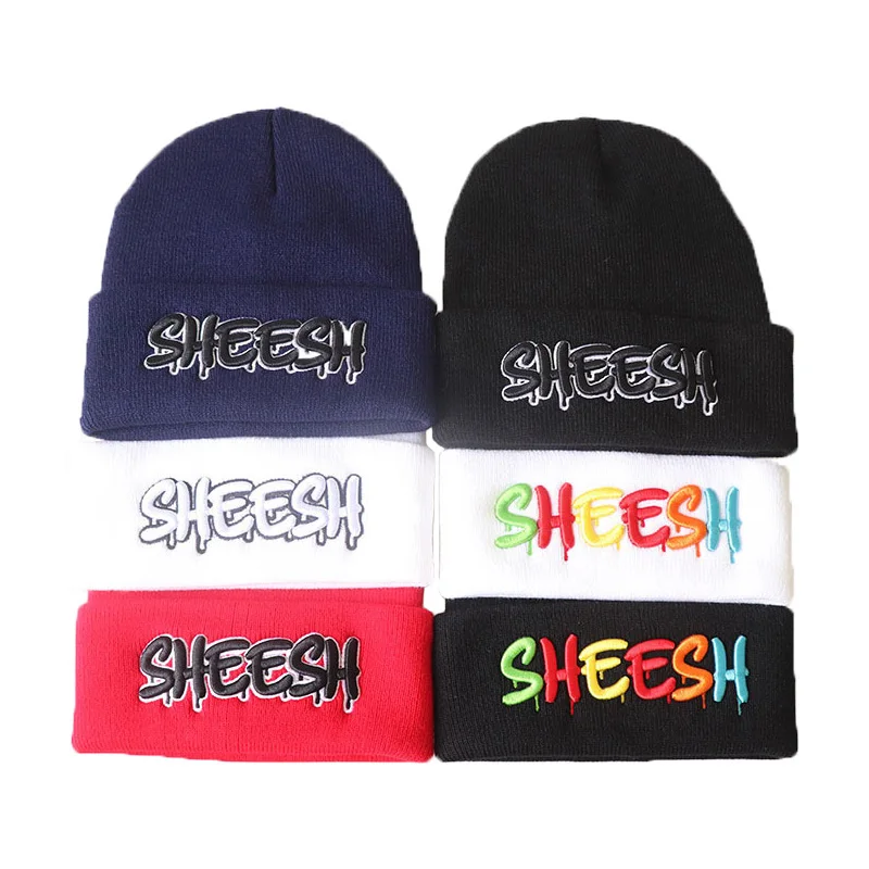 black skully hat Sheesh 100% Cotton Letter Warm Winter Ski Beanie Hip Hop Knitted Hat Skullies Beanie Unisex Fashion Outdoor Casual Hats black skullies