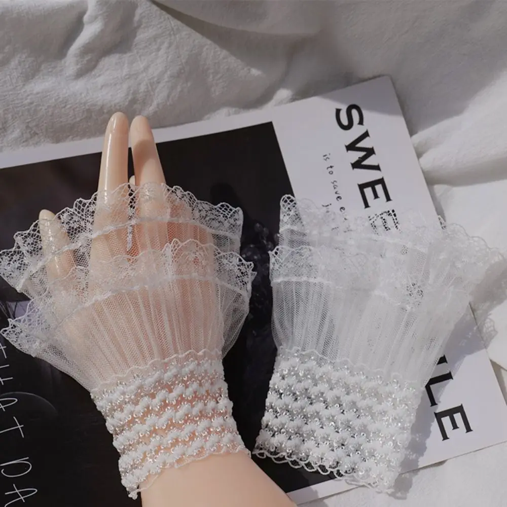 Spring Autumn Detachable Sleeve Cuffs Lace Cuffs Fake Sleeve Ruffles Elbow sunscreen gloves,ice sleeve gloves 1Pair
