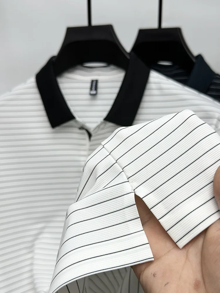 Advanced Ice Silk Breathable Short sleeve T-shirt for Men's 2024Summer New Trendy Stripe Letter Print Business Casual Polo Shirt 15 S00adeced412546faa3c96a0968875f6dh