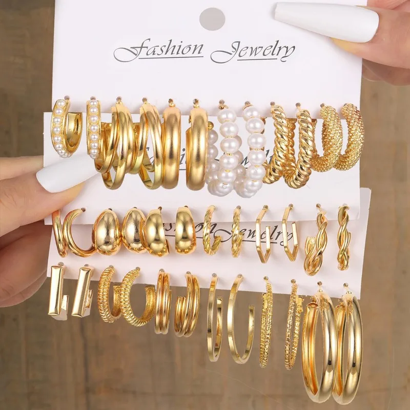 

12pcs/Set Gold Color Pearl Hoop Earrings For Women Vintage Metal Circle Geometric Dangle Earring Set 2023 Trendy Jewelry Gifts
