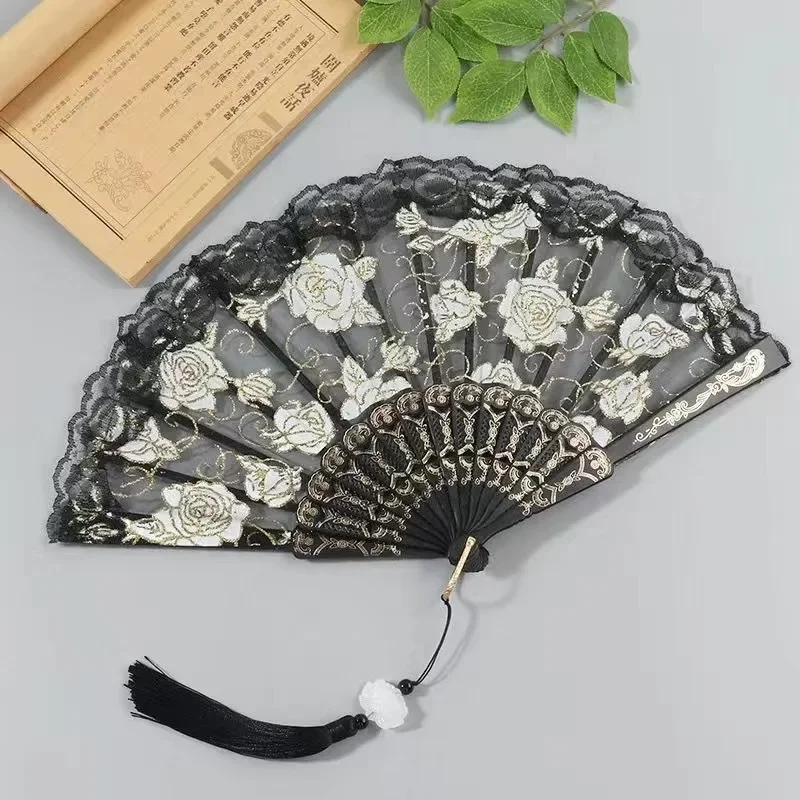 1PC Rose Lace Fan Folding Folding Fan Dance Dance Ancient Style Hanfu Chinese Fan