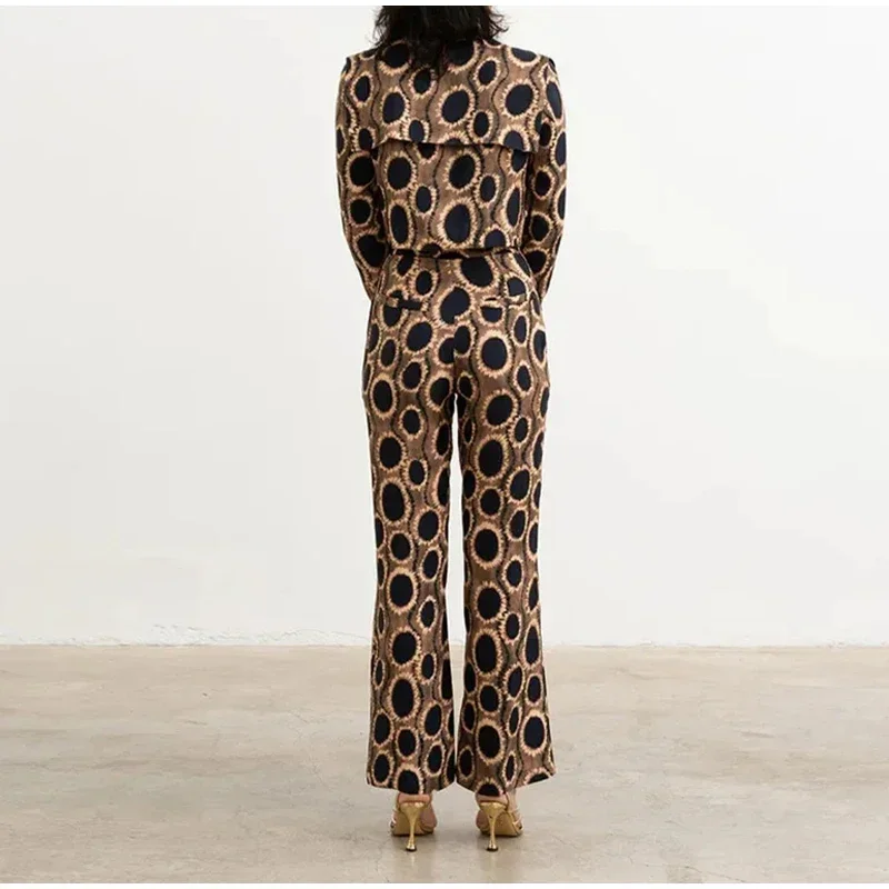 Leopard Print Women Lapel Long Sleeve Single-breasted Shirt Wide leg Pants Set