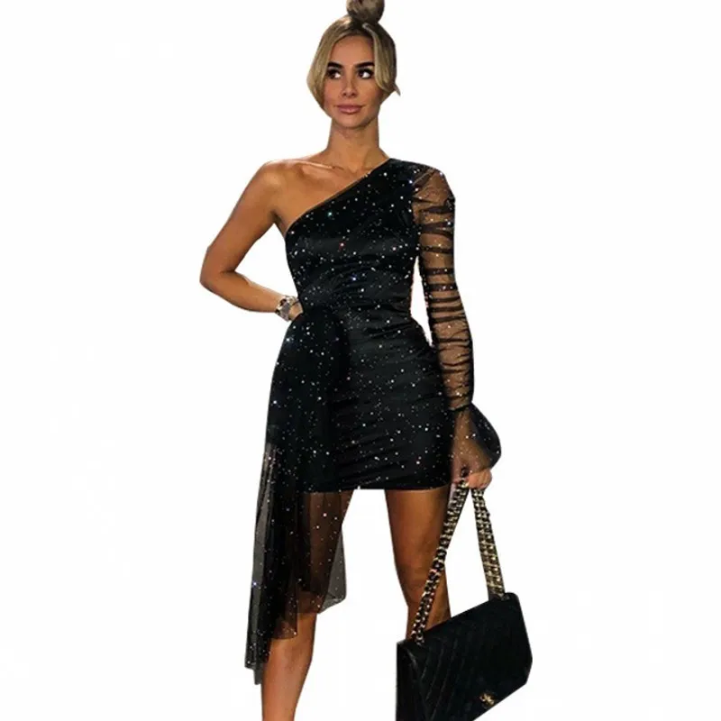 

African One Shoulder Sexy Sequin Black Dress Oblique Collar Mesh See Through Waist Slimming Commuter Mini Short Dress Vestidos