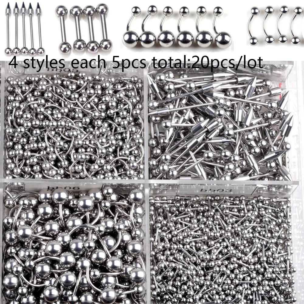 20/45 Pcs/Lot Stainless Steel Tongue Ear Rings Bars Barbell for Woman Man Unisex Body Piercing Jewelry