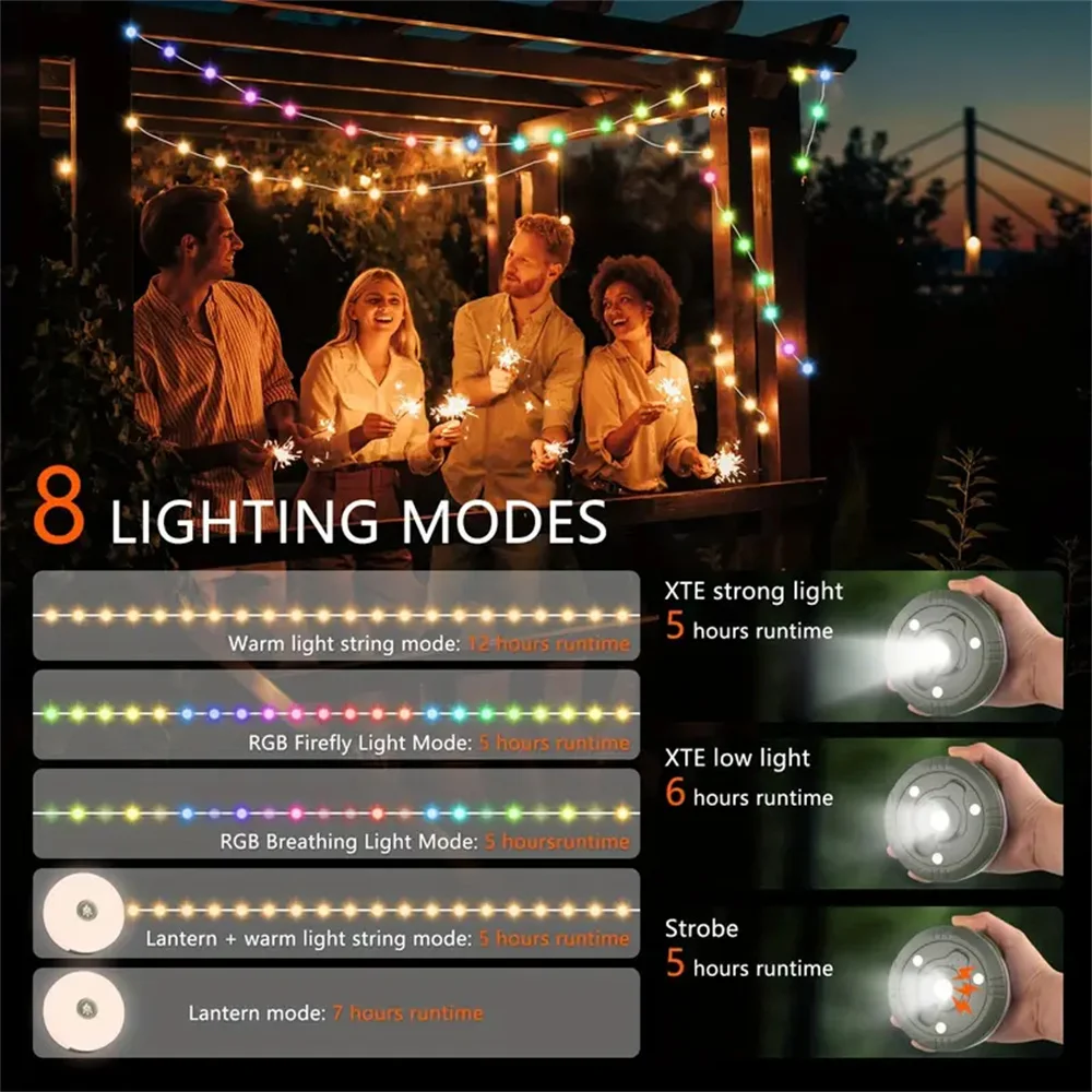 10M Camping String Light 3-in-1 Tent Light Rechargeable RGB&Warm 8 Mode Outdoor/Indoor Hanging LED Fairy For Camping