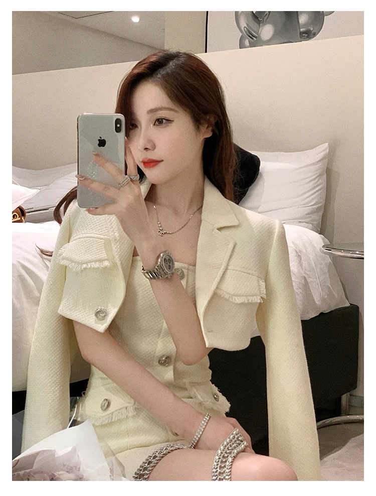 Elegant Autumn New Tweed Two-piece Set Women Long Sleeve Short Jacket Strapless Bodycon Mini Dress Korean Fashion Luxury Outfits