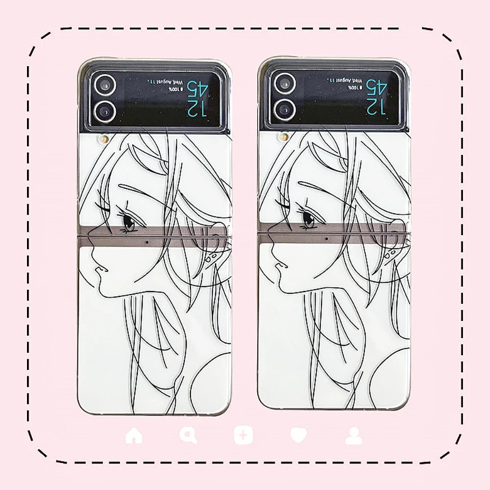 Cartoon Line Anime Girl Soft Tpu Clear Phone Case Per Samsung Galaxy Z Flip4 Z Flip3 Cute Silicone Trasparente Protect Back Cove