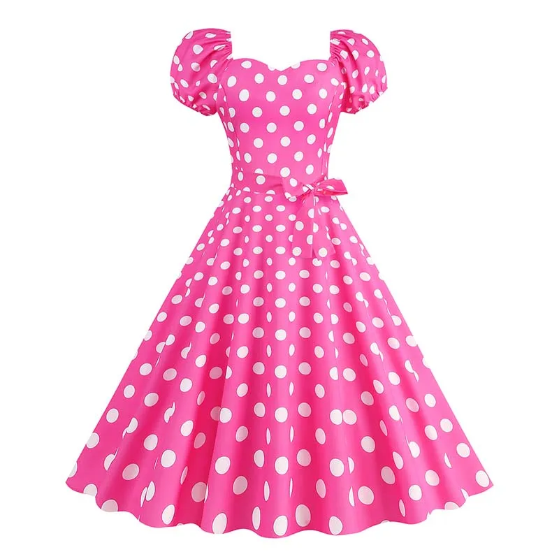 Plaid Print Retro Women Dress Puff Short Sleeve 50s Elegant Summer Polka Dot Midi Party Dresses