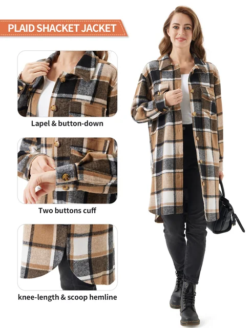 URBEST Women's Oversized Plaid Shacket - Cozy Long Sleeve Button Down Jacket with Pockets, Knee Length/Plus Size/Cropped 3