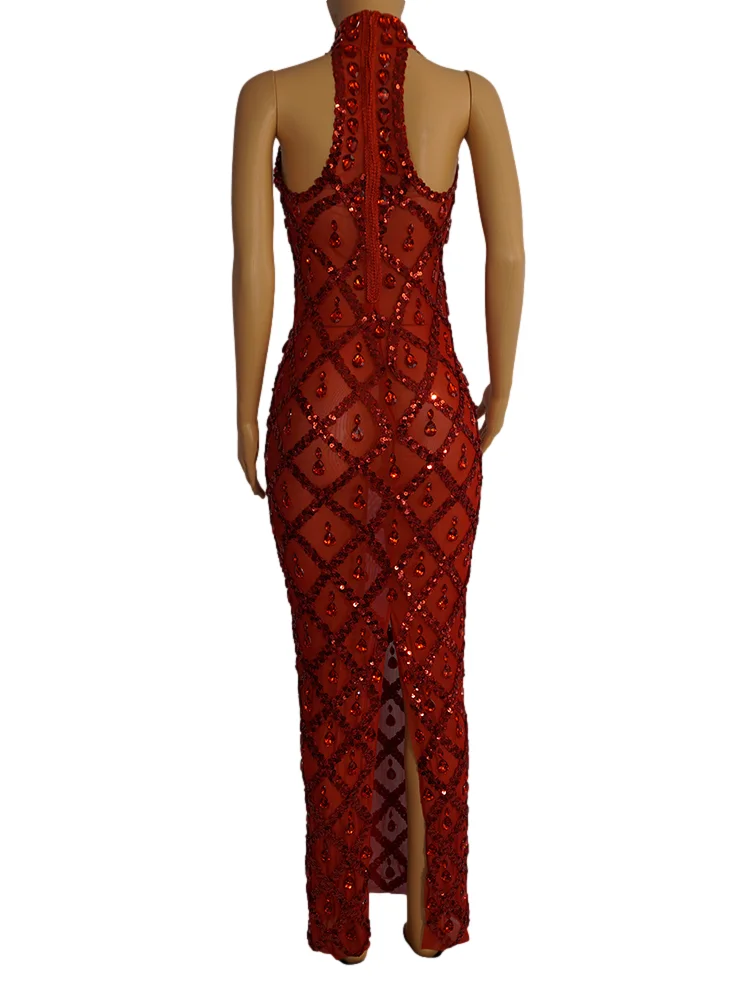Red Stones dress Mermaid Bodycon Halter Sleeveless Ballroom Evening Festival Clothing Rhinstone Prom Special Ocassion Show