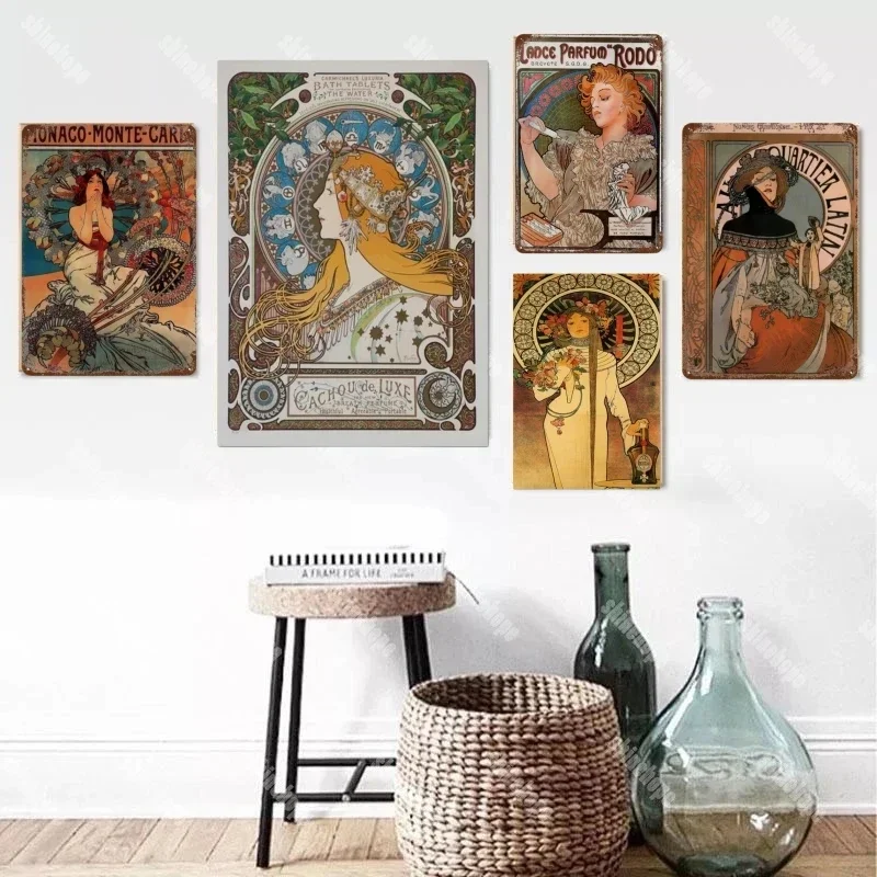 Alphonse Mucha 포스터 핀 업 소녀 금속 주석 사인 아트 페인팅 장식 벽판, 바 카페 거실 홈 벽 장식