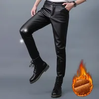 #2216 Winter Faux Leather Pants Men Warm Thick Pencil Pants Plus Size 40 Black Skinny Elastic PU Leather Trousers Male Fleece