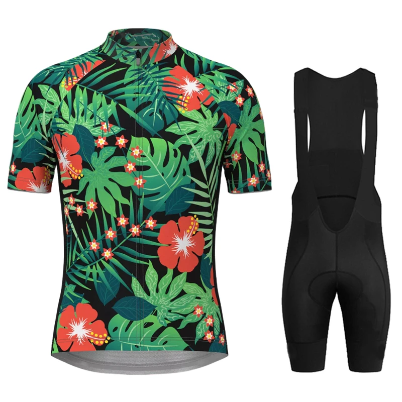 Summer Cycling Clothing Tropical Paradise Short Sleeve Bike Shirt Flower Print Riding Top Hawaii White Men's Cycling Jersey set  3