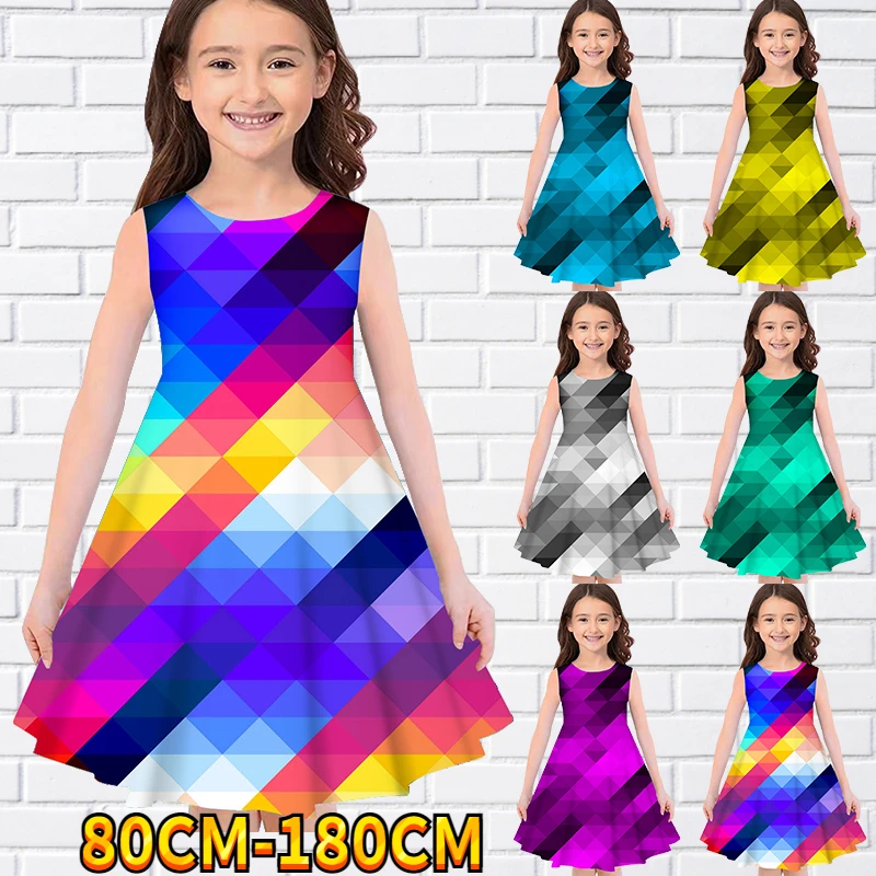 

Kids Little Girls Sleeveless Dress Mosaic 3D Kids Floral Print Daily Casual Cute Sweet Over Knee Sleeveless Dress 80-180CM