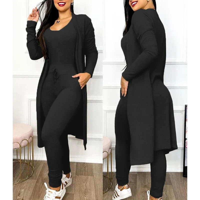 Women Drawstring Pocket Design Sleeveless Jumpsuit with Long Sleeve Coat Set Party Fashion Femme Lady U-Neck Skinny Jumpsuit