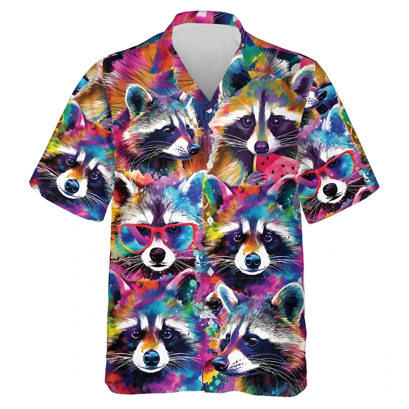 thumbnail image 1 of Camisas con estampado 3D de animales lindos y gráficos de mapache kawaii para hombres, camisas de playa, blusas casuales de manga corta con solapa y botones para vacaciones, 1 of 5