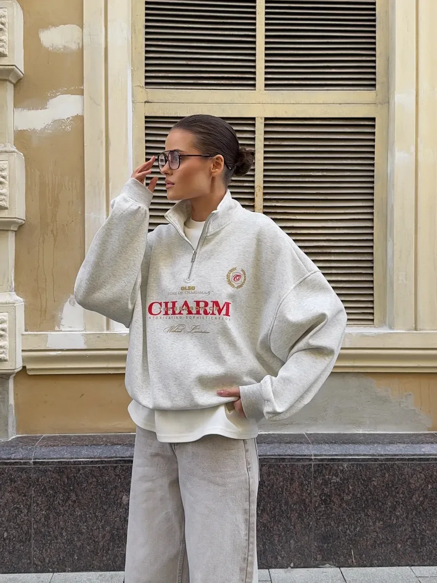 European Retro Badge Letter Printed Half-Zip Lapel Sweater Y2K Fashion Personality Casual Simple Style Sports Women's Streetwear