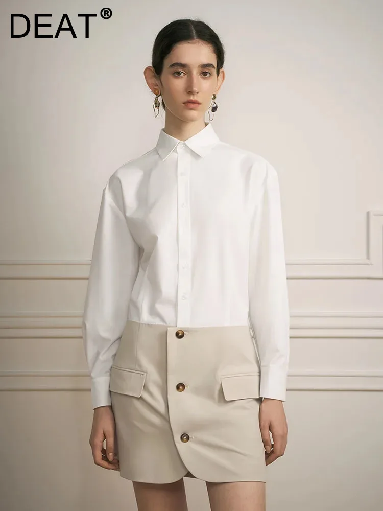 

DEAT Fashion Women's Patchwork Shirt Dress Lapel Long Sleeve Contrast Colors Hip Wrapped Suit Skirt Spring 2024 New Tide 7AB3519